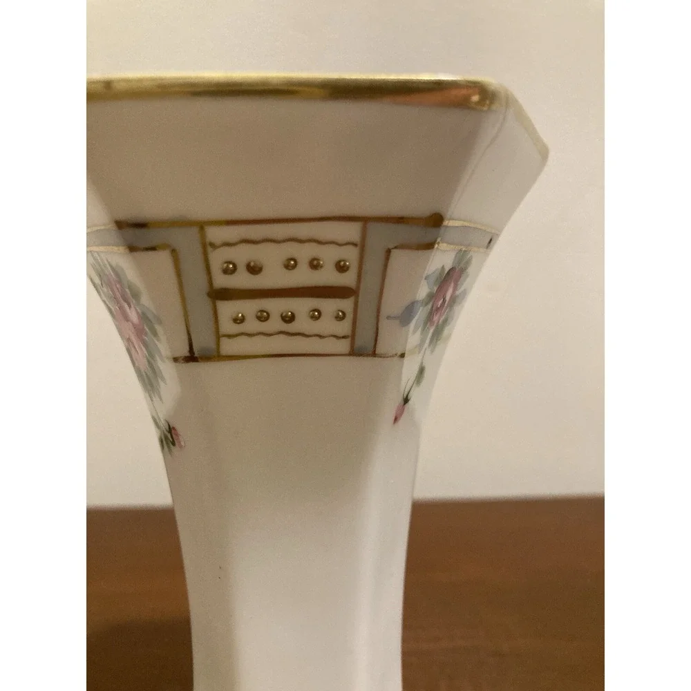 Vintage Hand Painted Porcelain Floral‎ Bud Vase Gold Gilt Moriage Hexagonal 6